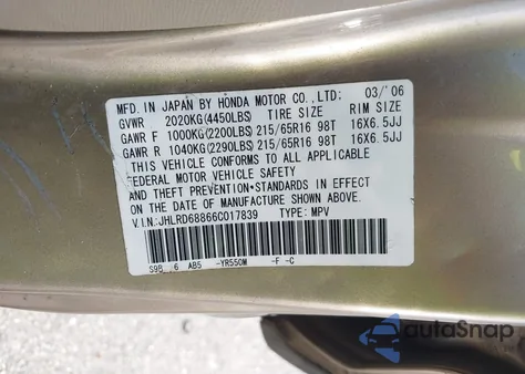 2006 Honda Cr-V Ex из США, поврежденный, VIN JHLRD68866C017839